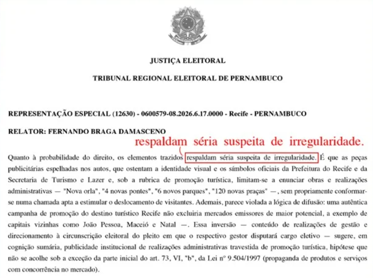 TRE-PE identifica “séria suspeita de irregularidade” em campanha turística no valor de 19 milhões da Prefeitura do Recife